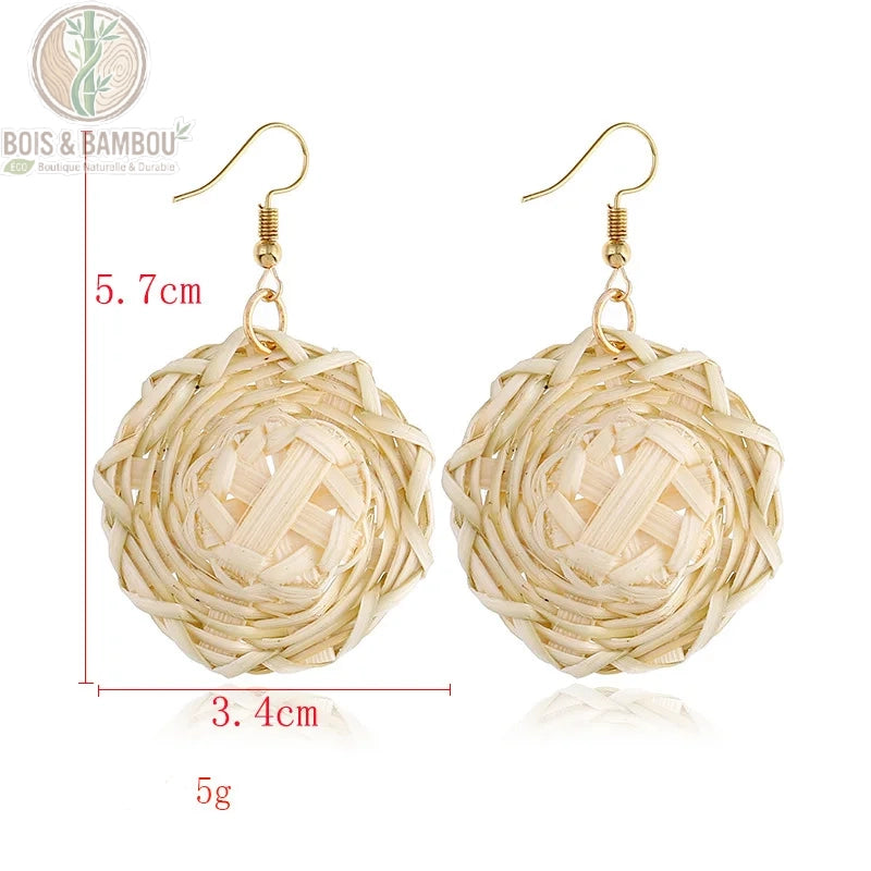 Boucles d'oreilles pendantes bambou rotin modèle 4