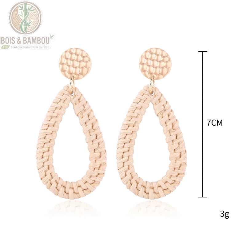 Boucles d'oreilles bambou rotin modèle 7, style bohème