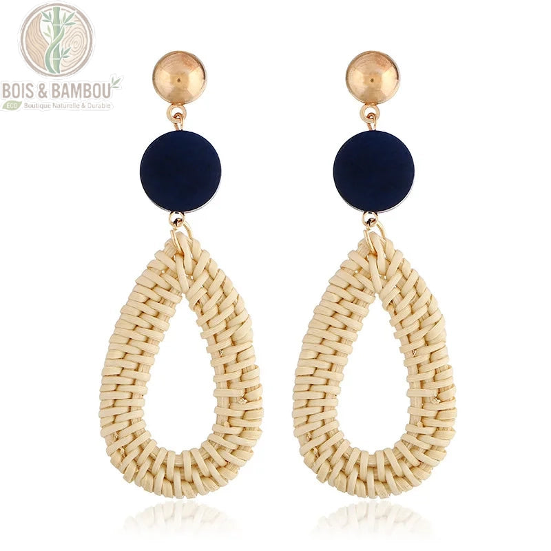 Boucles d'oreilles pendantes bambou rotin modèle 8