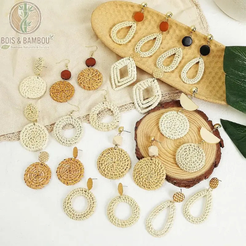 Boucles d'oreilles bambou rotin tressées main, plusieurs modèles