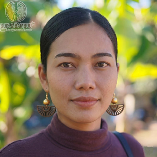 Boucles d'oreilles pendantes en bois ajouré portées par une femme en gros plan, avec un arrière-plan naturel flou.