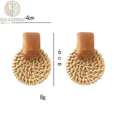 Dimensions boucles d'oreilles pendantes en rotin et bois naturel tressé main