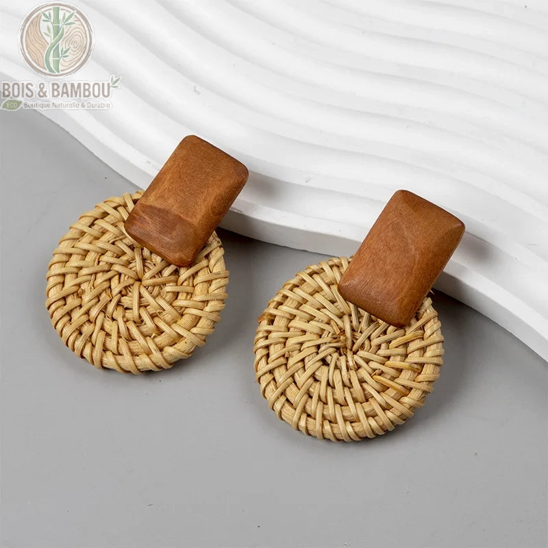 Boucles d'oreilles rotin et bois Modèle 1 rond plein géométrique pendantes