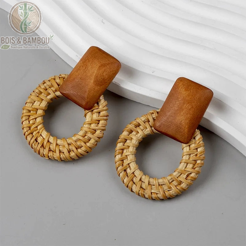 Boucles d'oreilles rotin et bois Modèle 2 rond creux pendantes style bohème