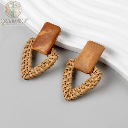 Boucles d'oreilles rotin et bois Modèle 3 triangle creux géométrique naturel