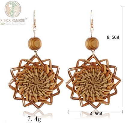 Dimensions des boucles d'oreilles tissées en bois et rotin géométriques pendantes