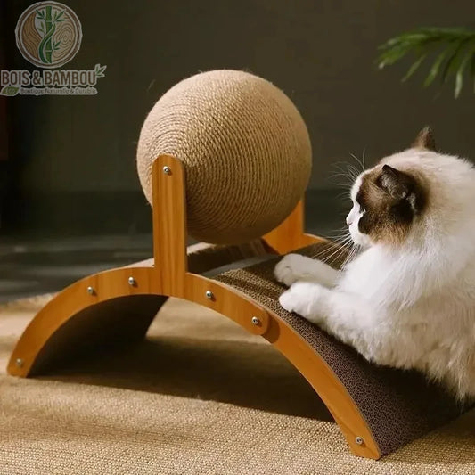 Boule à gratter 2 en 1 pour chat. Un chaton utilise un griffoir incurvé en bois surmonté d'une grande boule rotative en sisal naturel pour faire ses griffes, posé sur un tapis.