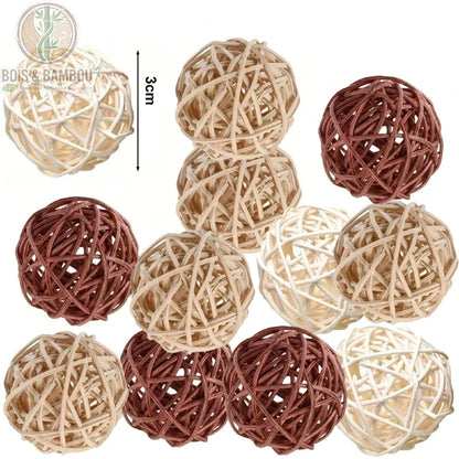 Lot 12 boules rotin naturel tressé coloris assortis beige brun blanc ivoire 3 cm