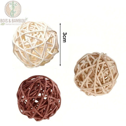 Boules rotin tressé 3 coloris naturels brun beige blanc avec indication diamètre 3 cm