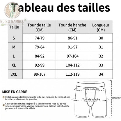 Boxer de sport en fibre de bambou taille. Un tableau des tailles (S à 2XL) détaillant le tour de taille, de hanche et la longueur, avec un schéma explicatif pour prendre ses mesures.