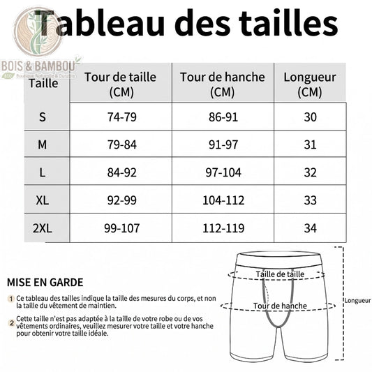 Boxer de sport en fibre de bambou taille. Un tableau des tailles (S à 2XL) détaillant le tour de taille, de hanche et la longueur, avec un schéma explicatif pour prendre ses mesures.