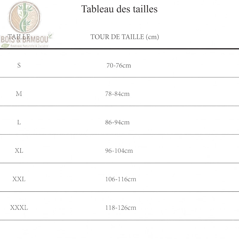 Boxer en bambou avec ouverture frontale taille. Un tableau des tailles détaillé indiquant les correspondances entre les tailles S à XXXL et le tour de taille en centimètres.