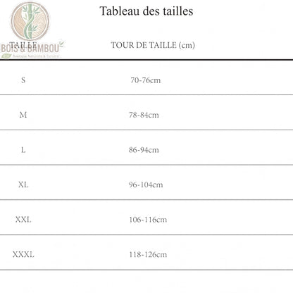 Boxer en bambou avec ouverture frontale taille. Un tableau des tailles détaillé indiquant les correspondances entre les tailles S à XXXL et le tour de taille en centimètres.