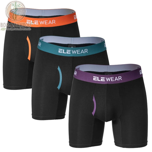 Boxer en bambou avec ouverture frontale. Trois boxers noirs à jambes longues avec ceintures et liserés colorés (orange, turquoise, violet) de la marque ELEWEAR sur fond blanc.