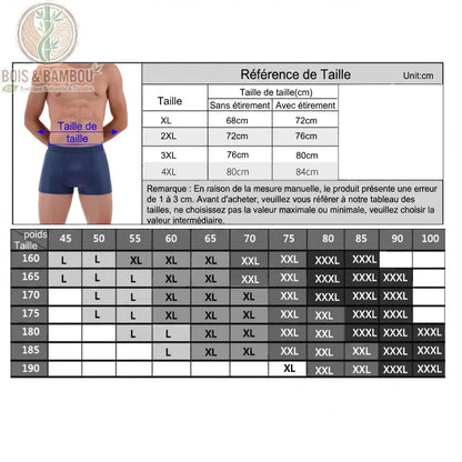Boxer en fibre de bambou avec maille respirante taille. Guide des tailles complet incluant un tableau de référence (XL à 4XL) et une grille de correspondance poids/taille (L à XXXXL).