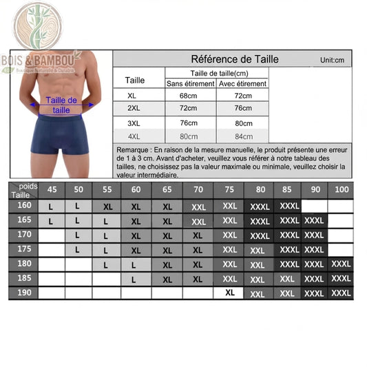 Boxer en fibre de bambou avec maille respirante taille. Guide des tailles complet incluant un tableau de référence (XL à 4XL) et une grille de correspondance poids/taille (L à XXXXL).