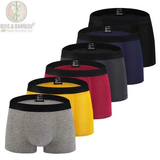 Boxer en fibre de bambou haute élasticité. Une série de six boxers colorés (gris, jaune, bordeaux, gris foncé, bleu marine, noir) avec ceinture noire, alignés en diagonale.