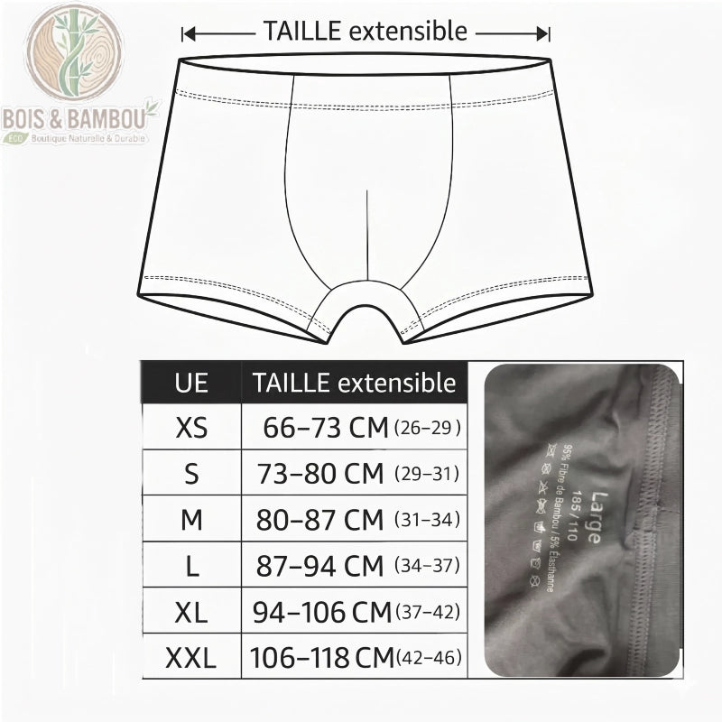 Boxers en fibre de bambou pour homme dimensions. Guide des tailles présentant un schéma de boxer avec taille extensible et un tableau de correspondance des mesures allant de XS à XXL.