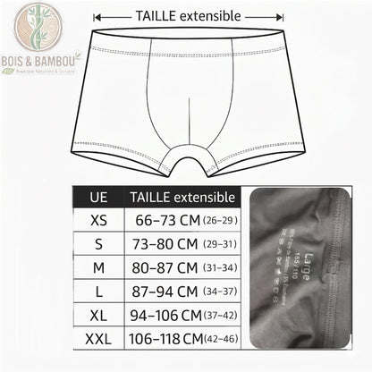 Boxers en fibre de bambou pour homme dimensions. Guide des tailles présentant un schéma de boxer avec taille extensible et un tableau de correspondance des mesures allant de XS à XXL.
