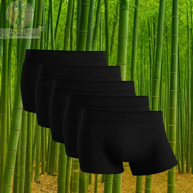Boxers en fibre de bambou pour homme. Cinq boxers noirs unis alignés en perspective sur un fond de forêt de bambous verts. Sous-vêtements confortables et écologiques.