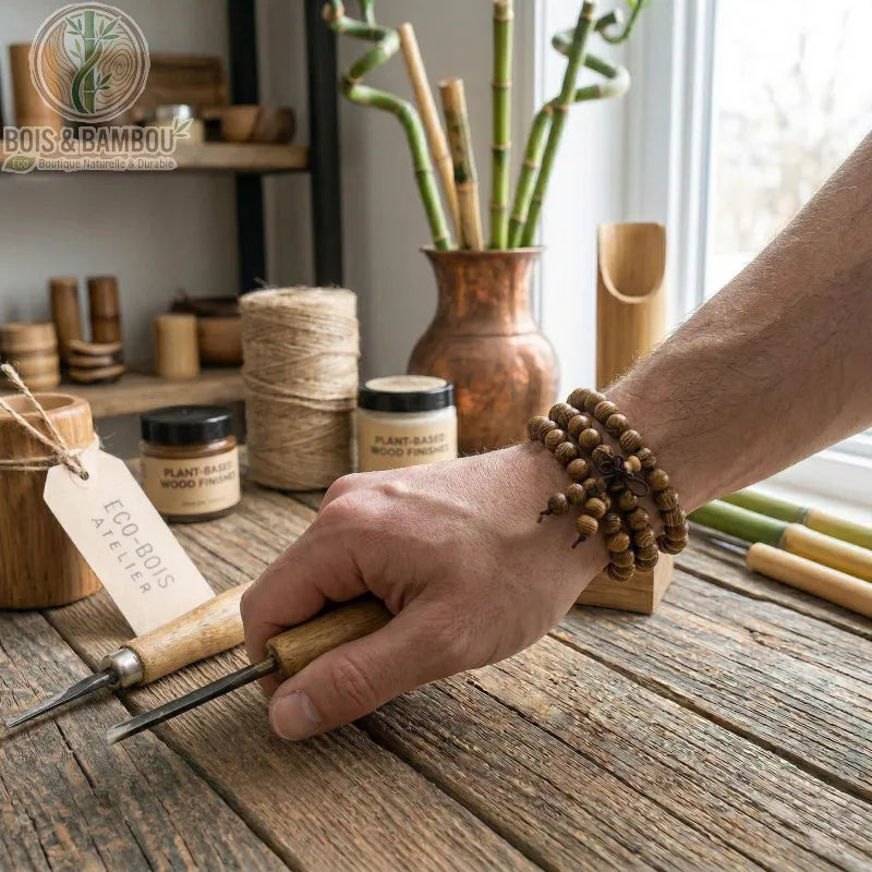 Bracelet Mala 108 perles en bois de wengé enroulé au poignet d'un artisan sculpteur dans un atelier de menuiserie.