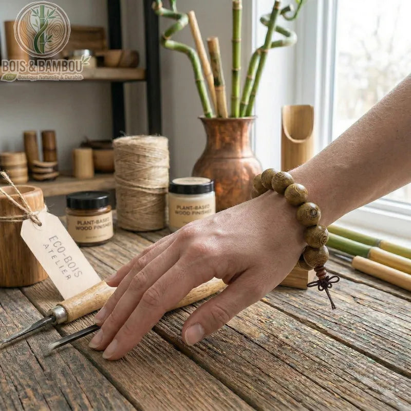 Bracelet Mala en bois de Weng avec grosses perles rondes porté au poignet dans un atelier d'ébénisterie traditionnel.