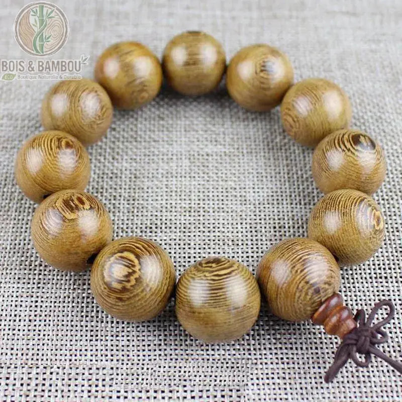 Bracelet mala bois de wengé 12 perles 20 mm maxi sphères fond lin nœud bordeaux perle cylindrique