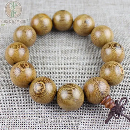 Bracelet mala bois de wengé 12 perles 20 mm maxi sphères fond lin nœud bordeaux perle cylindrique