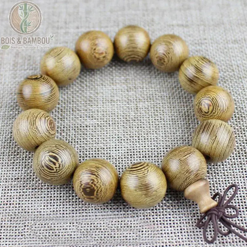 Bracelet mala bois de wengé 13 perles 18 mm très grosses sphères fond lin nœud bordeaux
