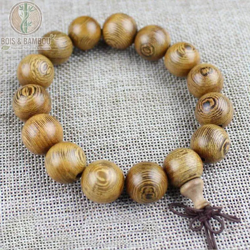 Bracelet mala bois de wengé 15 perles 15 mm grosses sphères fond lin nœud bordeaux perle pendante