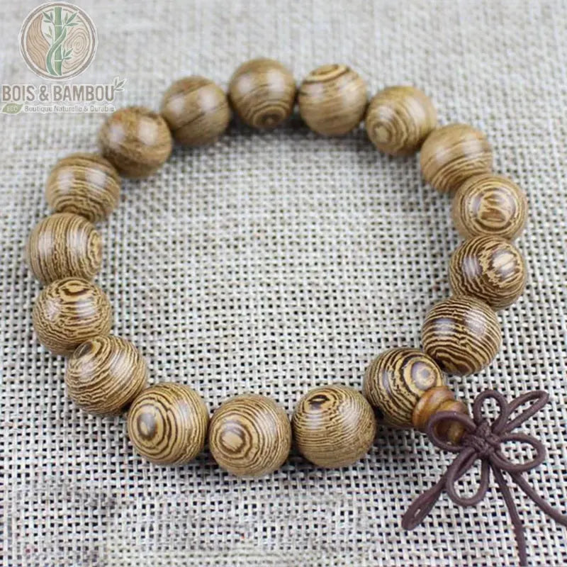 Bracelet mala bois de wengé 17 perles 12 mm simple tour fond lin nœud décoratif bordeaux