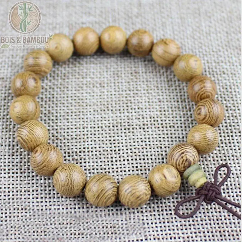 Bracelet mala bois de wengé 19 perles 10 mm simple tour fond lin nœud bordeaux perle verte