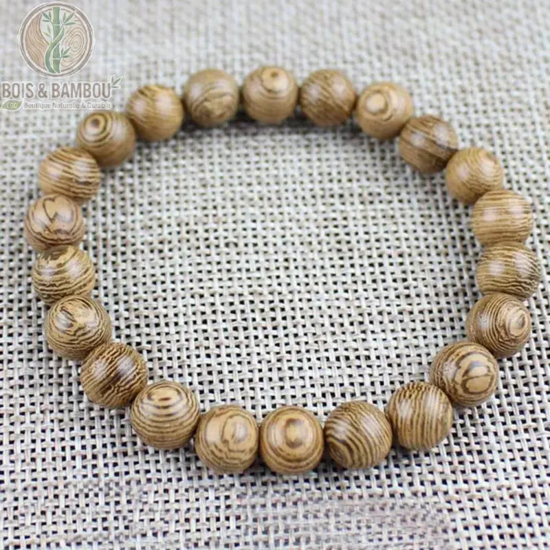 Bracelet mala bois de wengé 22 perles 8 mm simple tour fond lin veinage circulaire naturel