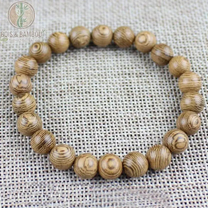 Bracelet mala bois de wengé 22 perles 8 mm simple tour fond lin veinage circulaire naturel