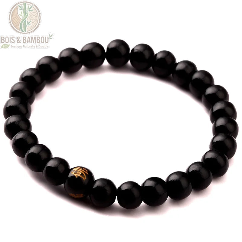 Bracelet bouddhiste bois de santal coloris noir perles gravées Bouddha 8mm