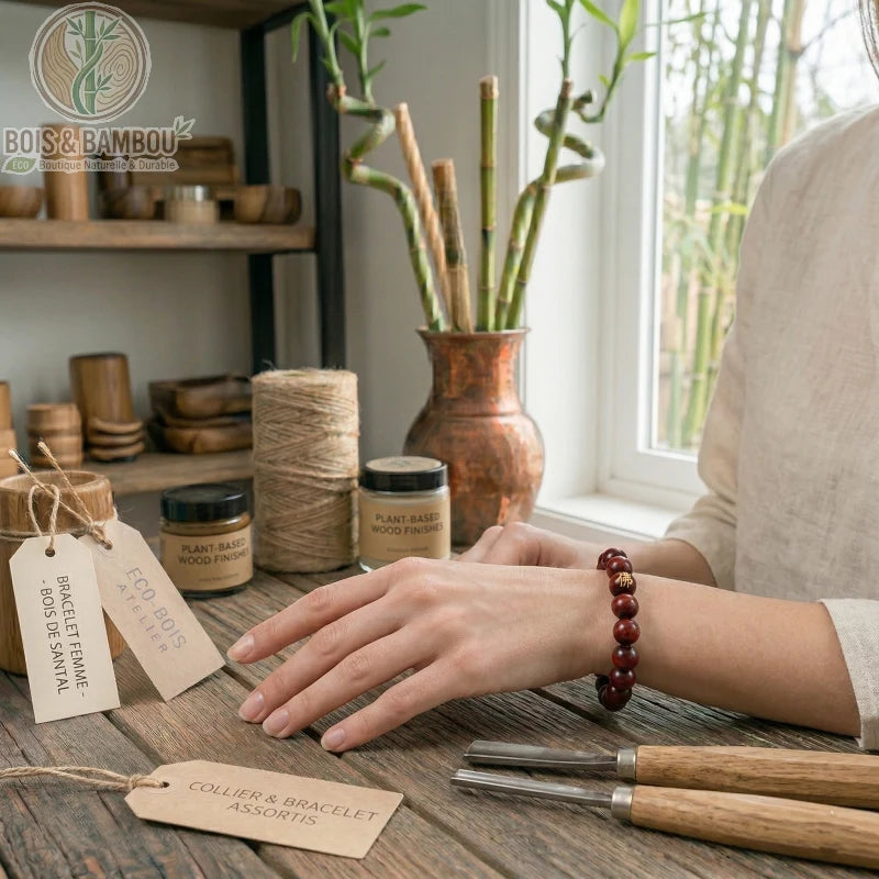 Bracelet bouddhiste en bois de santal rouge porté au poignet, posé sur un établi avec des outils de sculpture et des étiquettes.
