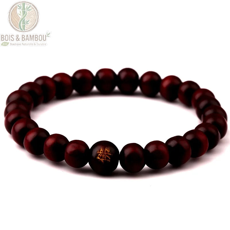 Bracelet bouddhiste bois de santal coloris rouge perles gravées Bouddha 8mm