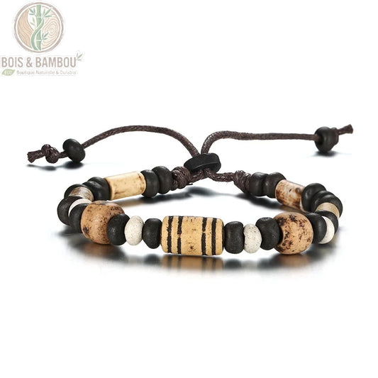 Bracelet perles bois homme modèle A design géométrique teintes noir et brun naturel
