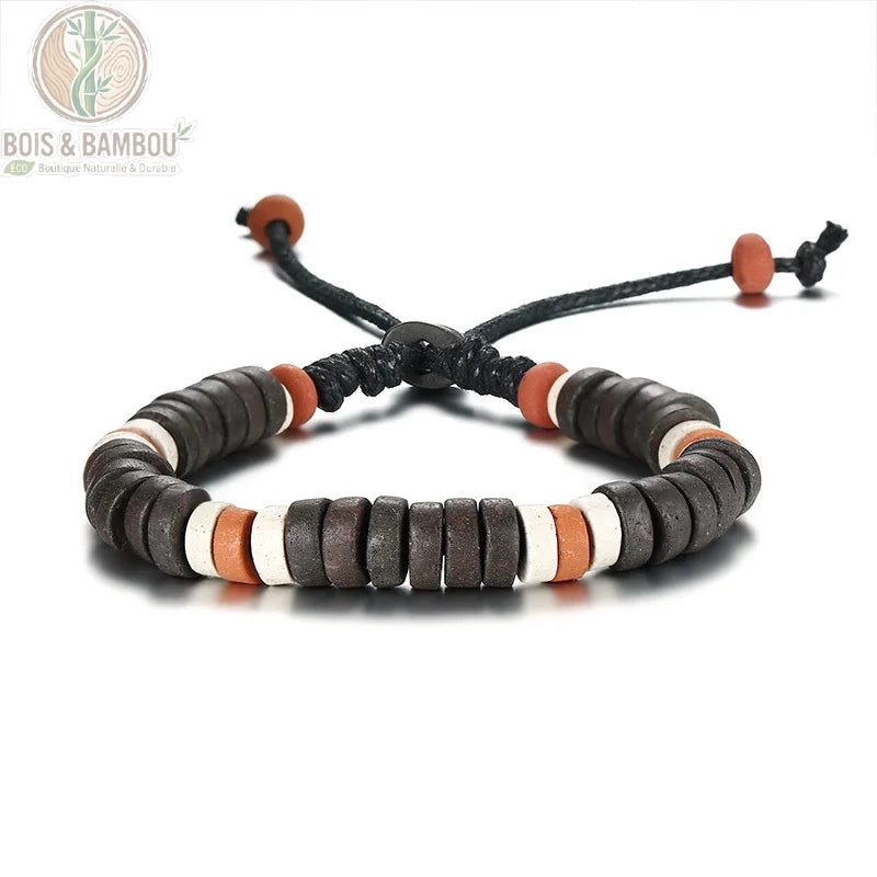 Bracelet perles bois homme modèle C agencement géométrique perles bois noir brun