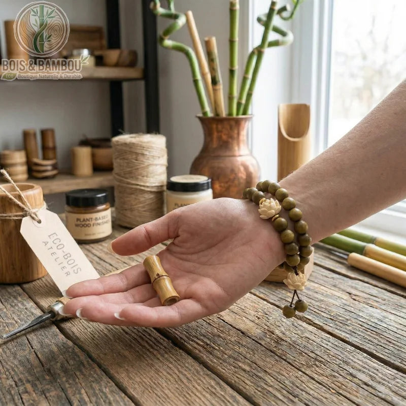 Bracelet en bois de santal vert et perle Lotus porté au poignet, avec des accessoires de menuiserie artisanale en arrière-plan.
