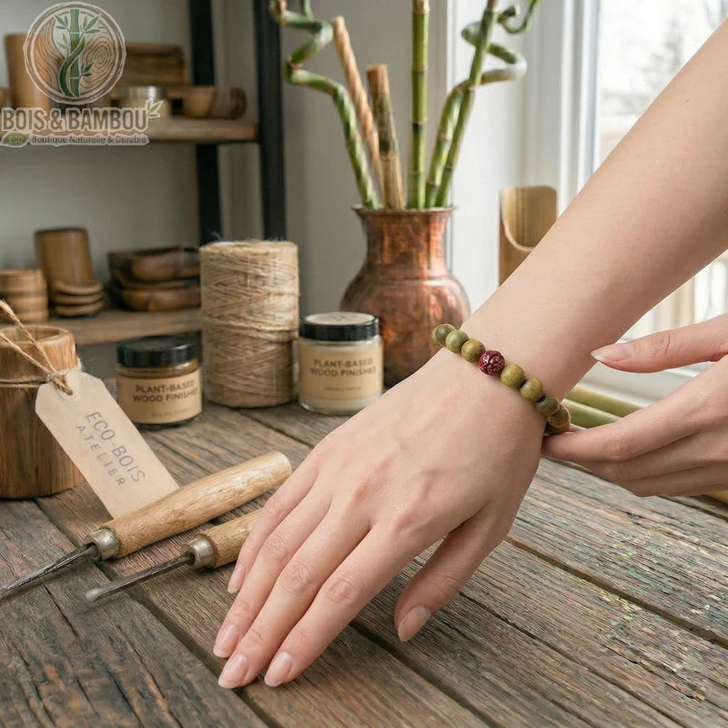 Bracelet en bois de santal vert naturel et perles de Lotus porté au poignet dans un atelier d'artisanat du bois.