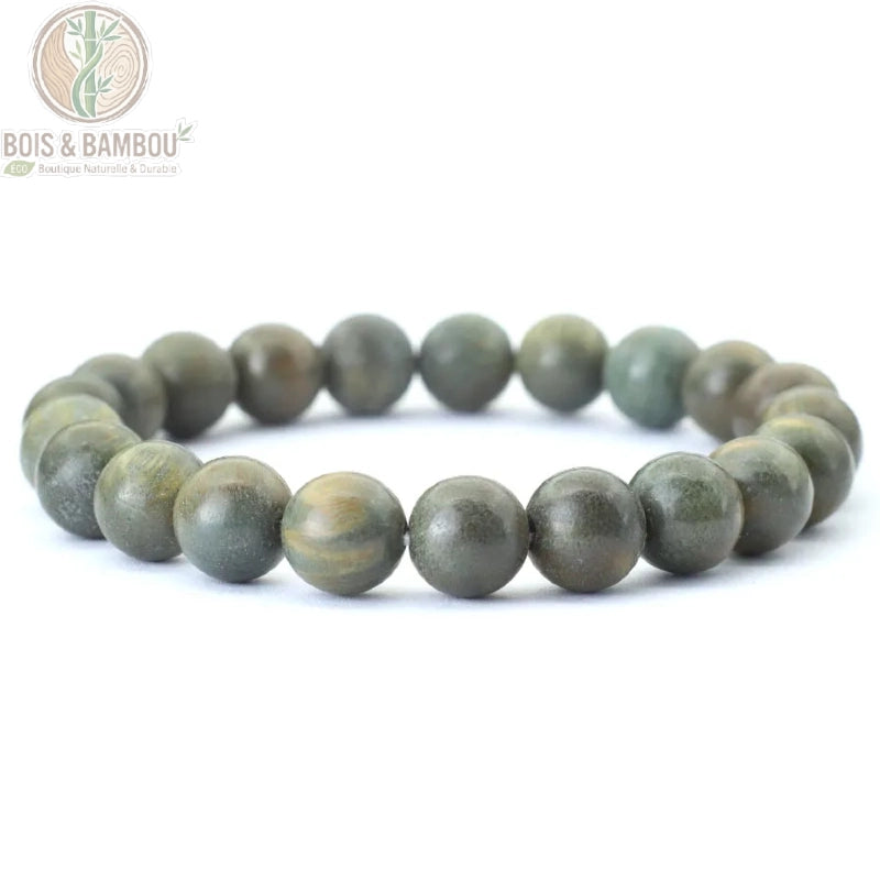 Bracelet perles bois naturel homme coloris gris vert 10 mm vue de face fond blanc