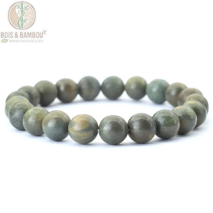 Bracelet perles bois naturel homme coloris gris vert 10 mm vue de face fond blanc
