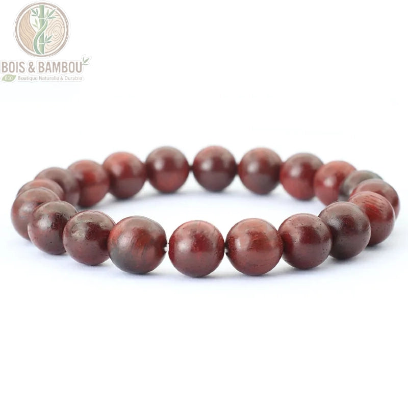 Bracelet perles bois naturel homme coloris vin 10 mm vue de face fond blanc