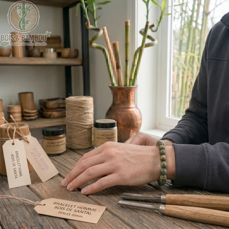 Bracelet en bois naturel pour hommes porté au poignet, sur un établi avec outils de sculpture et étiquettes descriptive.