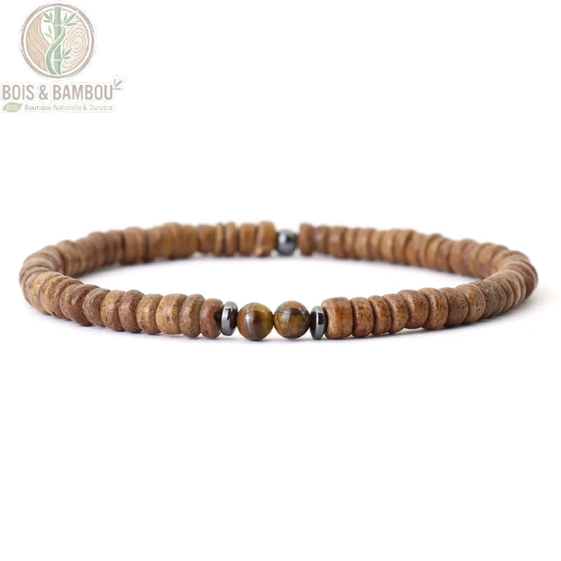 Bracelet perles de coco homme avec œil de tigre brun doré central fond neutre vue de face