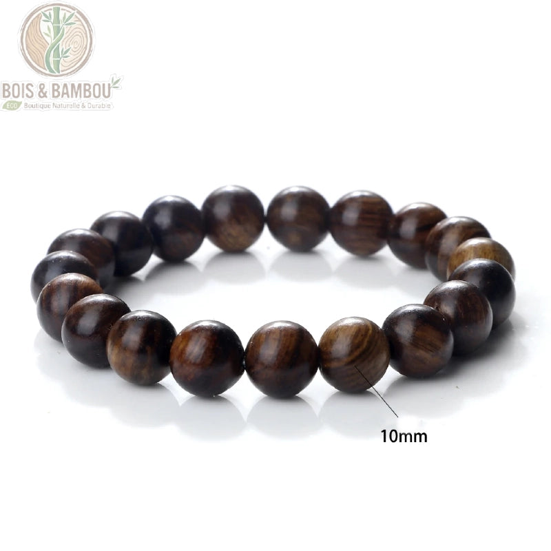 Bracelet perles palissandre noir modèle A tressé ajustable taille 10 mm porté au poignet