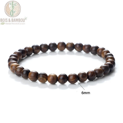 Bracelet perles palissandre noir modèle A tressé ajustable taille 6 mm fond naturel bois