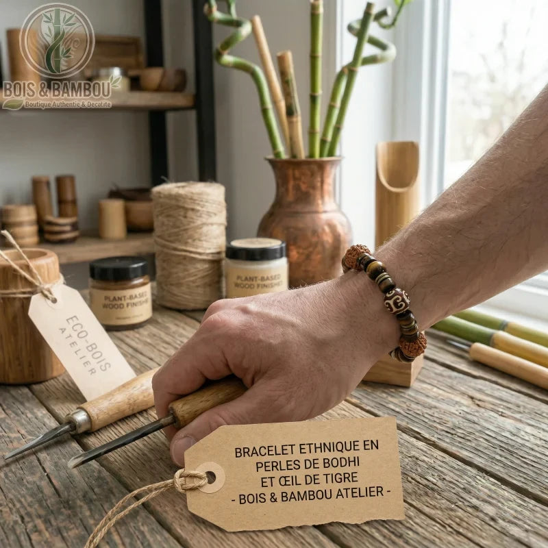 Bracelet extensible en perles de bois porté par un artisan utilisant un ciseau à bois dans un atelier de menuiserie.