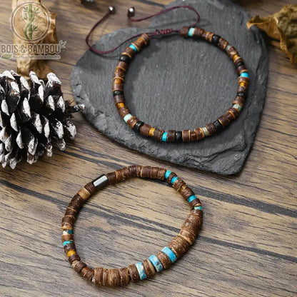Deux bracelets extensibles en perles de bois rétro bohème modèles 1 et 2 rondelles brun turquoise sur ardoise et bois